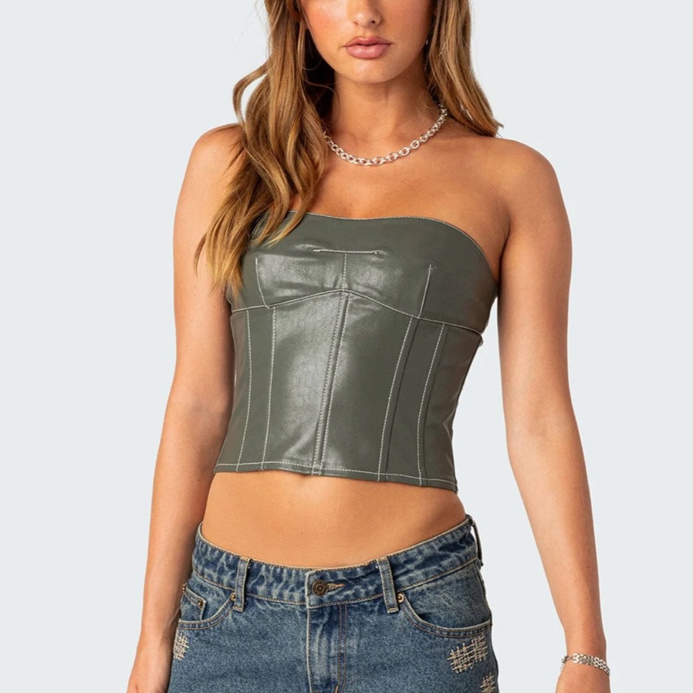 Edikted Olive Strapless Faux Leather Crop Top